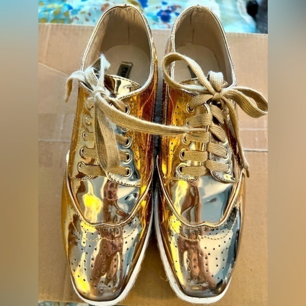 CAPE ROBBIN 9 Rose Gold Metallic Platform Wingtip Brogue Oxford Shoes